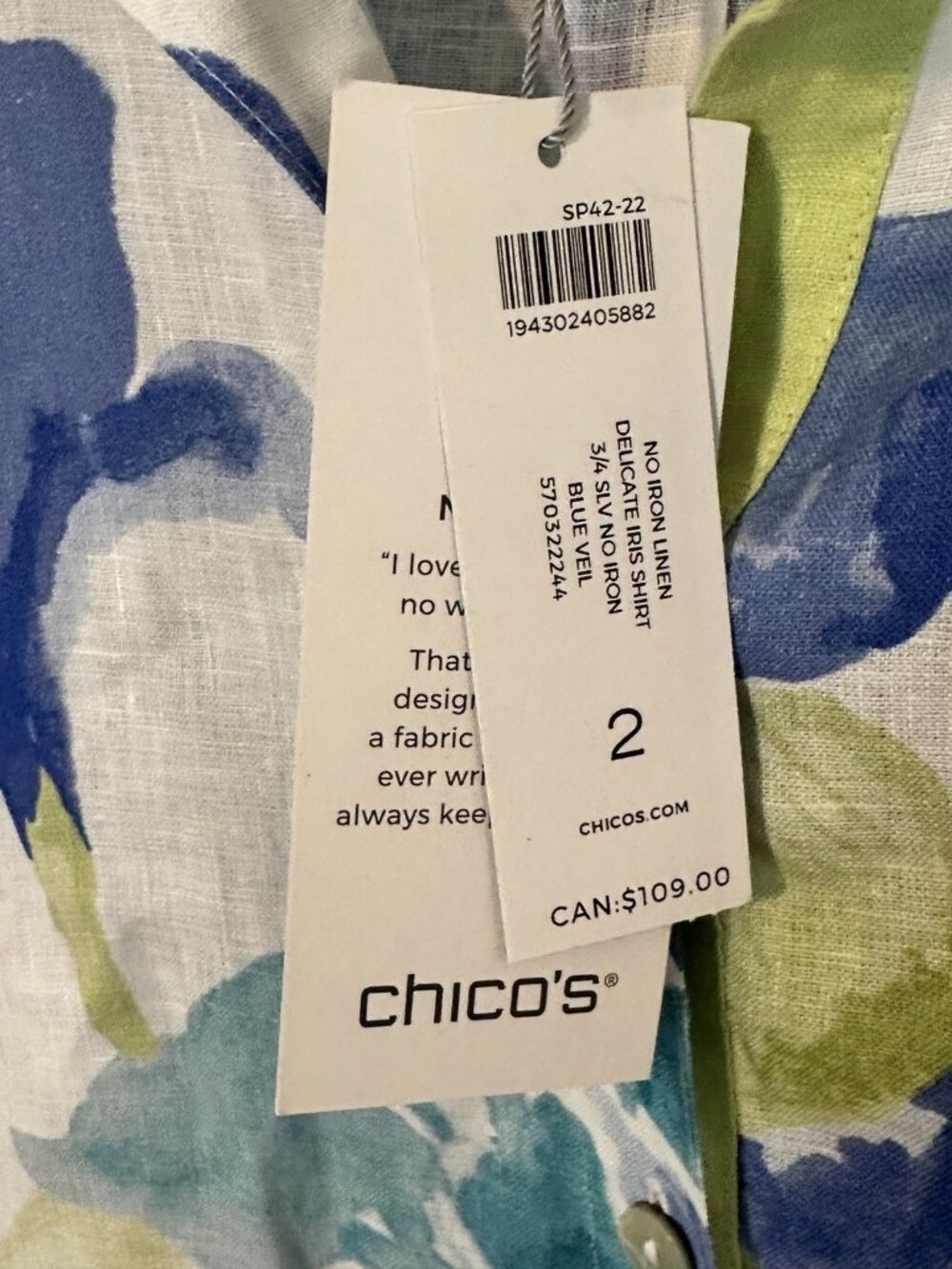 NWT Chicos SZ 12 Button Up Shirt No Iron 100% Linen 3/4 Sleeve Beach Floral $109 - Picture 4 of 7